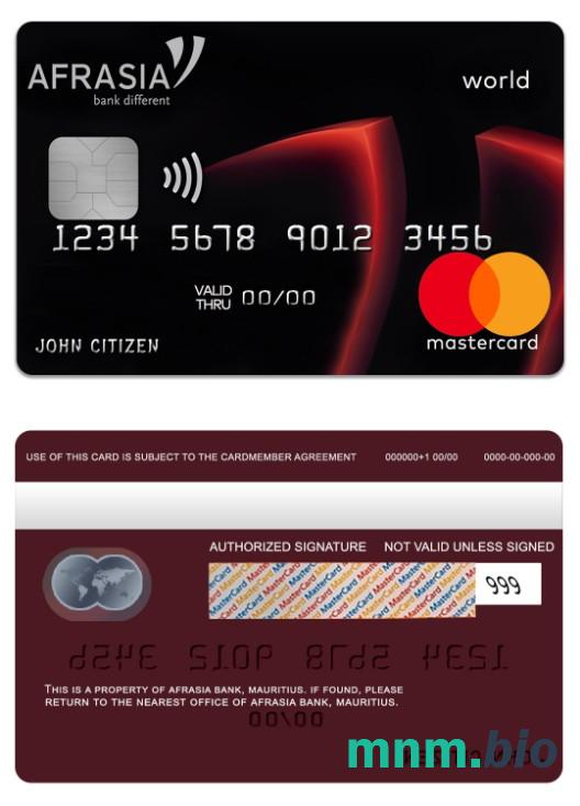 Mauritius Afrasia Bank świat przykład karty mastercard w formacie PSD